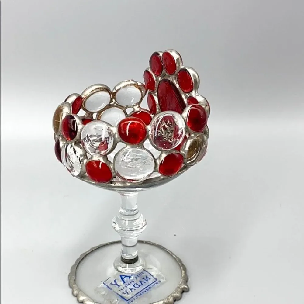 May Nadav Mosaic Art Glass Pedestal Votive Holder Decorative Bowl Red Clear